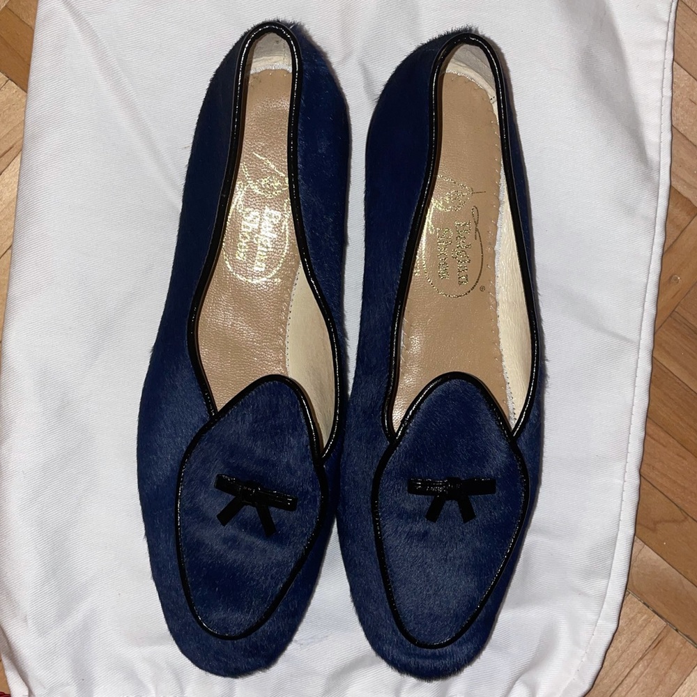 BELGIAN SHOES Navy Pony Hair with Black Trim Size 6